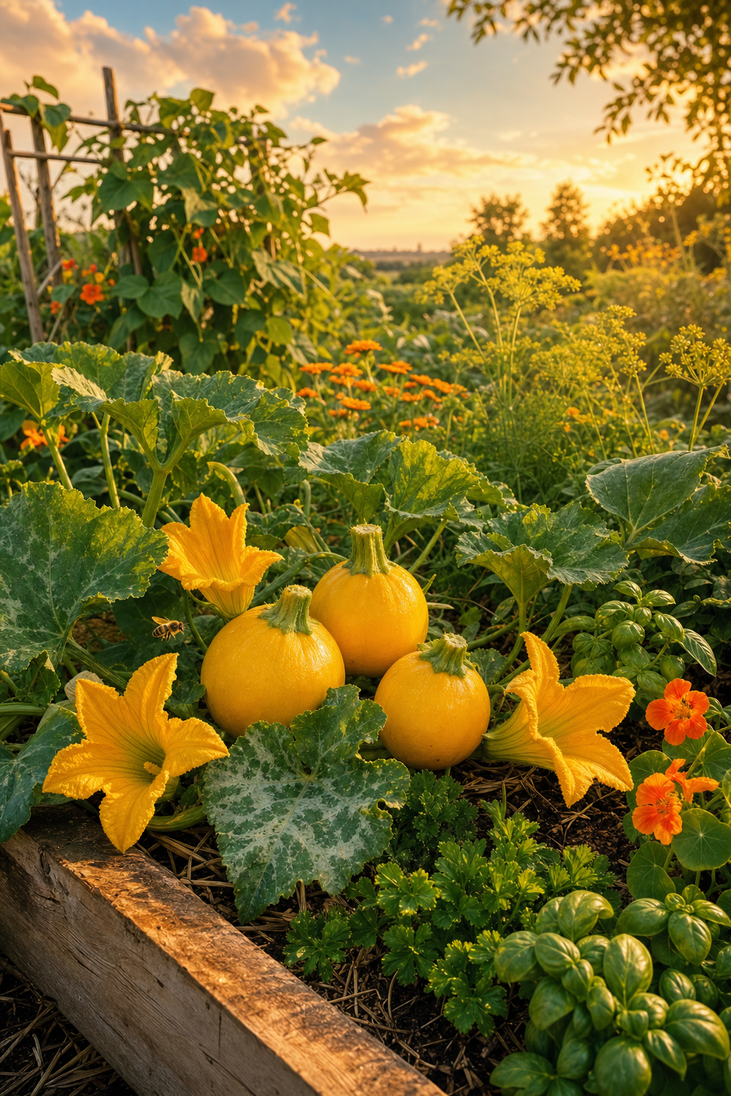 Courgette Ronde Jaune permaculture garden scene