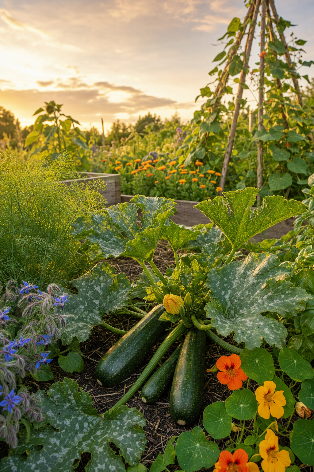 Courgette Verte permaculture garden scene